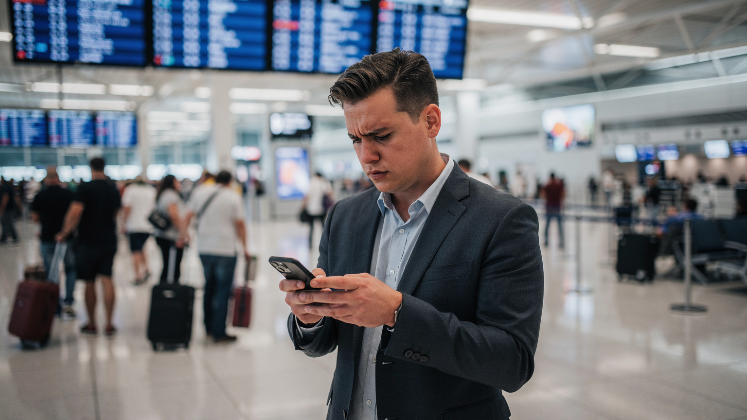 A traveler looking concerned and frustrated while checking their phone at a busy Miami International Airport terminal, indicating connectivity problems.
