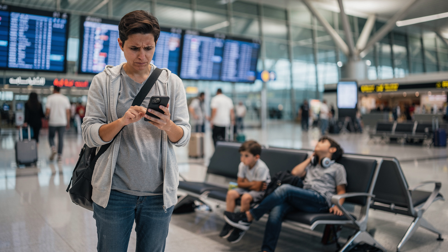 A stressed parent looking at a smartphone screen displaying a 'No Service' message, while two visibly bored children are slumped on airport benches in a crowded, modern Dubai airport terminal.