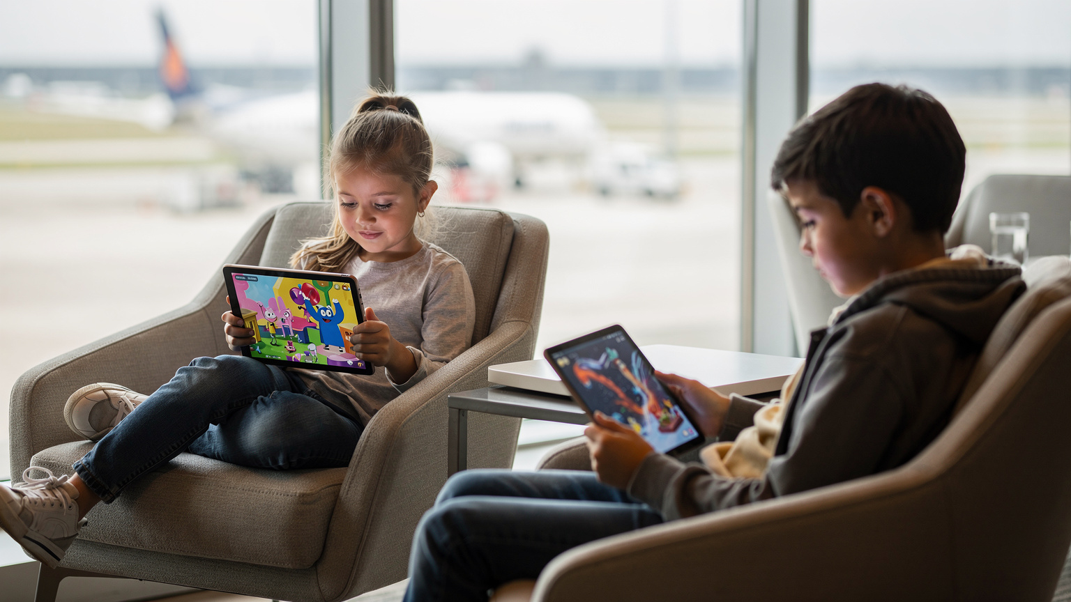 A young girl and boy, aged 8 and 10, sitting comfortably in a modern, brightly lit airport lounge, engrossed in their tablets, which are displaying downloaded cartoons and games, with their parents visible in the background preparing for a flight to Dubai.