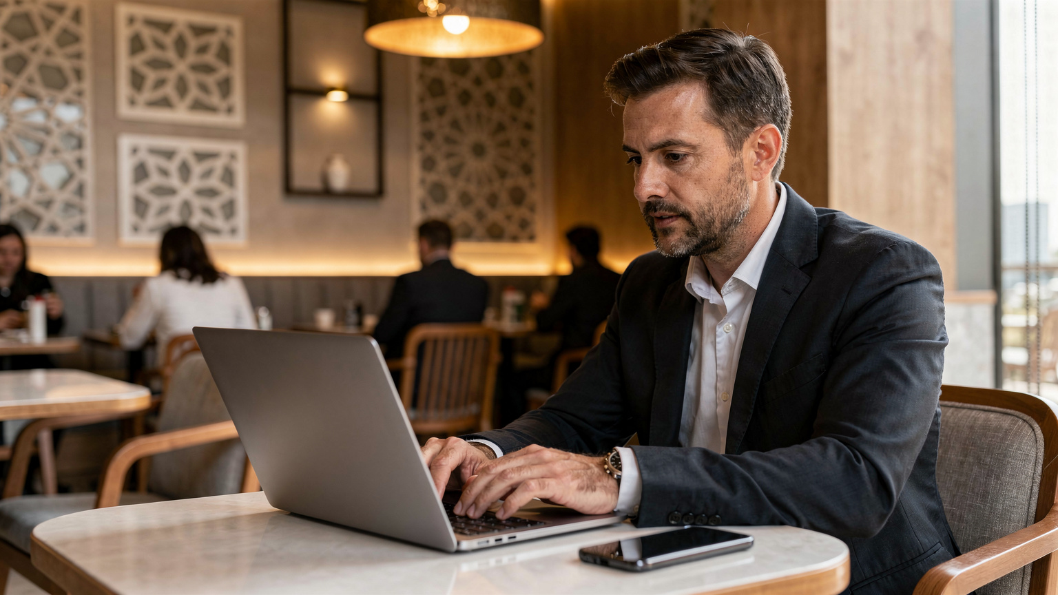 A focused business traveler conducting a video conference on a laptop, tethered wirelessly to a smartphone with an active eSIM, in a chic, contemporary cafe within Expo City Dubai, surrounded by subtle modern Arabian design elements.