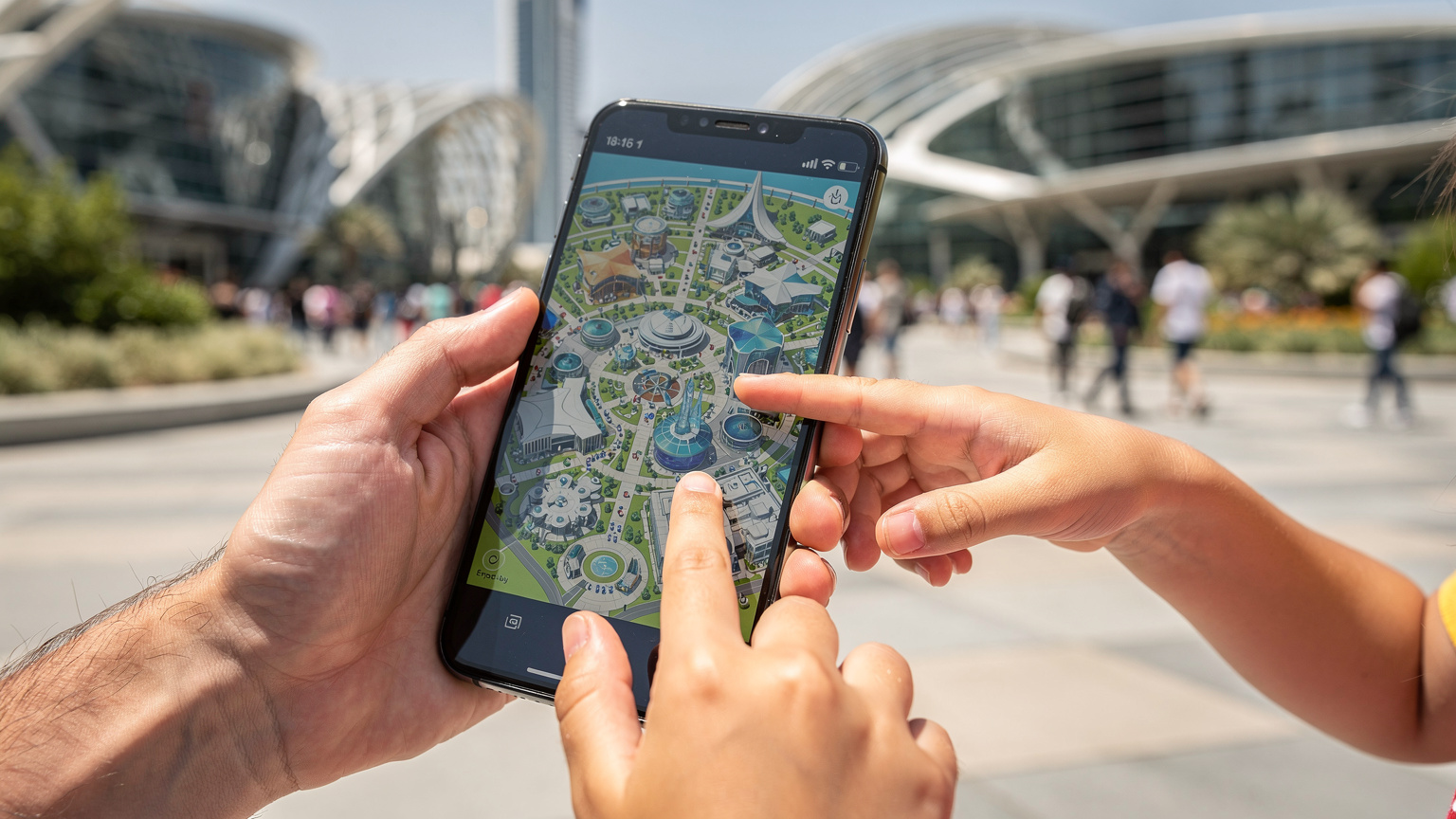 A close-up of a parent's hands holding a smartphone displaying an interactive map of Expo City Dubai, with a child's finger pointing enthusiastically to a specific attraction on the screen in a vibrant, outdoor setting.
