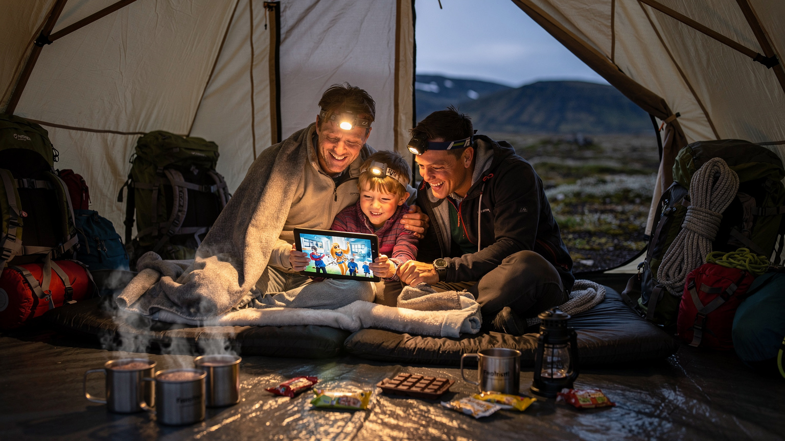 A family huddles together inside a rugged camping tent in the Icelandic Highlands, illuminated by headlamps, looking at a tablet showing a downloaded movie, with steam from a hot drink rising in the foreground.