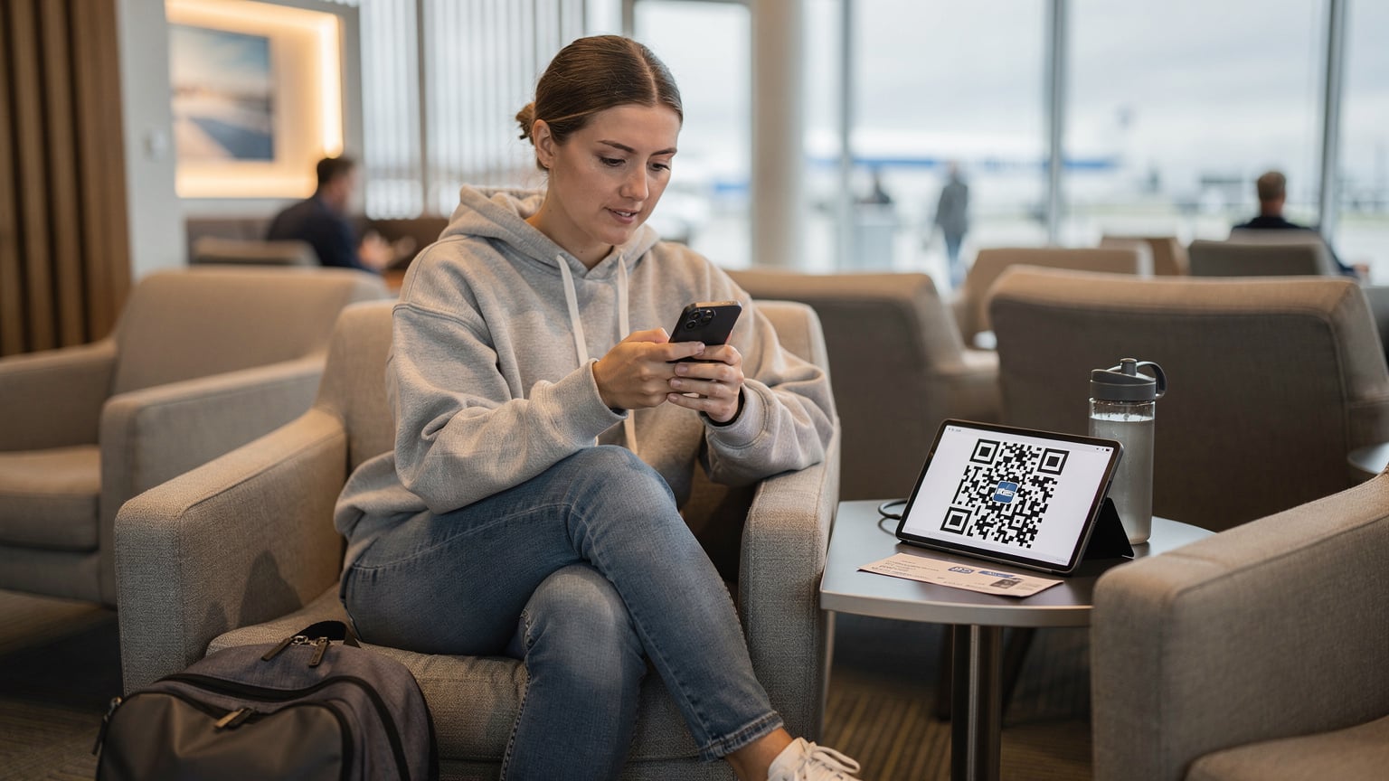 A traveler comfortably setting up an eSIM on their smartphone while seated in a quiet airport lounge, highlighting the ease of digital activation before a flight.