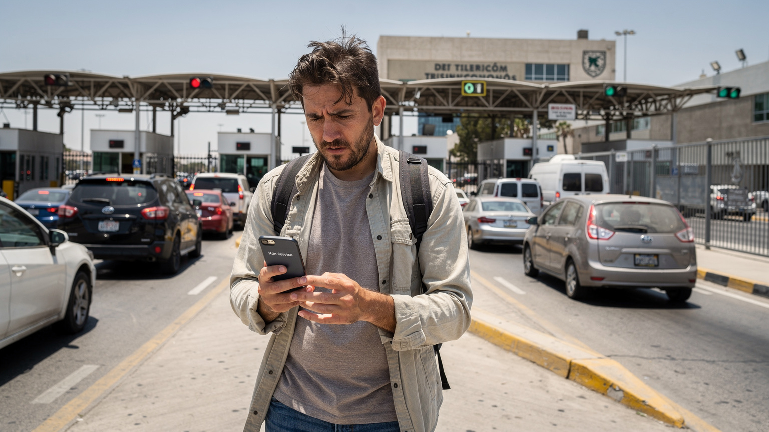 Ein Reisender steht an einem Grenzübergang zwischen den USA und Mexiko, schaut auf sein Smartphone mit dem Hinweis "Kein Dienst", während im Hintergrund Zollgebäude und Grenzschranken zu sehen sind.