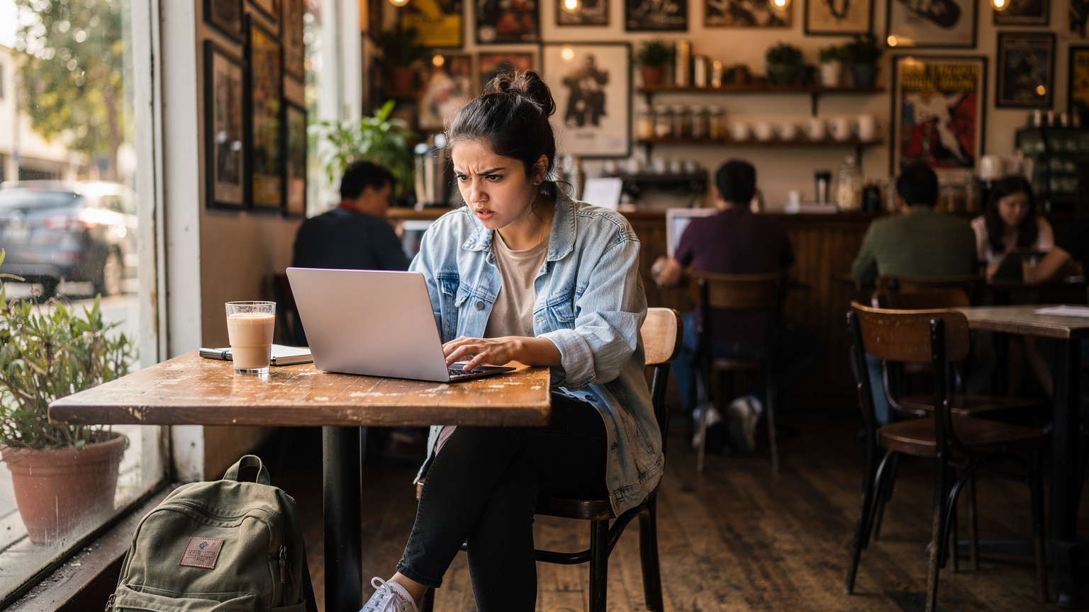 Eine junge Frau sitzt in einem Café in Echo Park, Los Angeles, und versucht, eine E-Mail auf ihrem Laptop über das öffentliche WLAN zu senden, während sie frustriert auf den Bildschirm blickt.