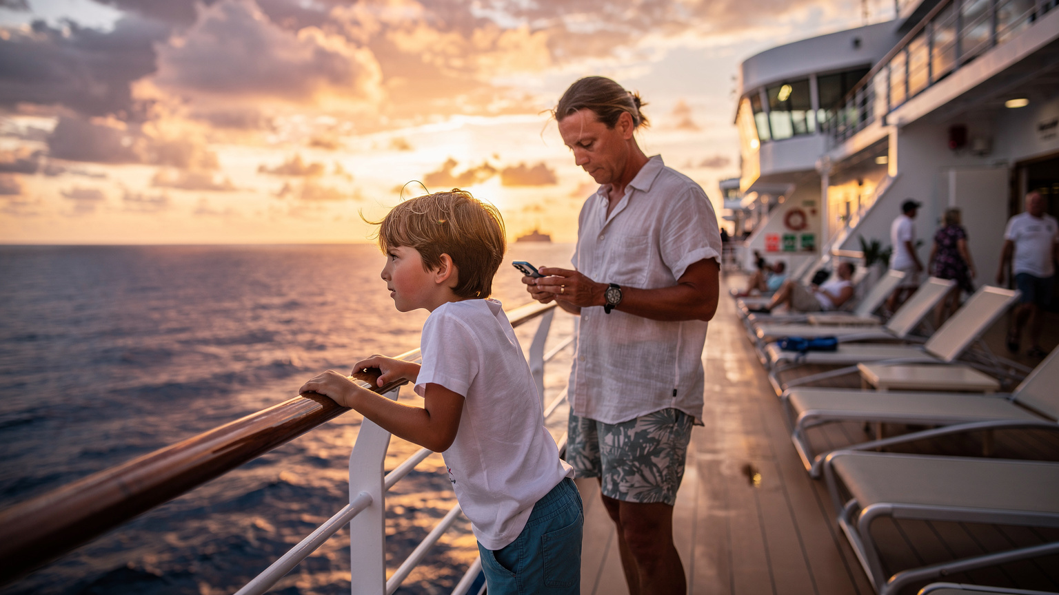 A busy cruise ship deck at sunset, with a child looking out at the ocean, while a parent checks their phone, possibly for signal.