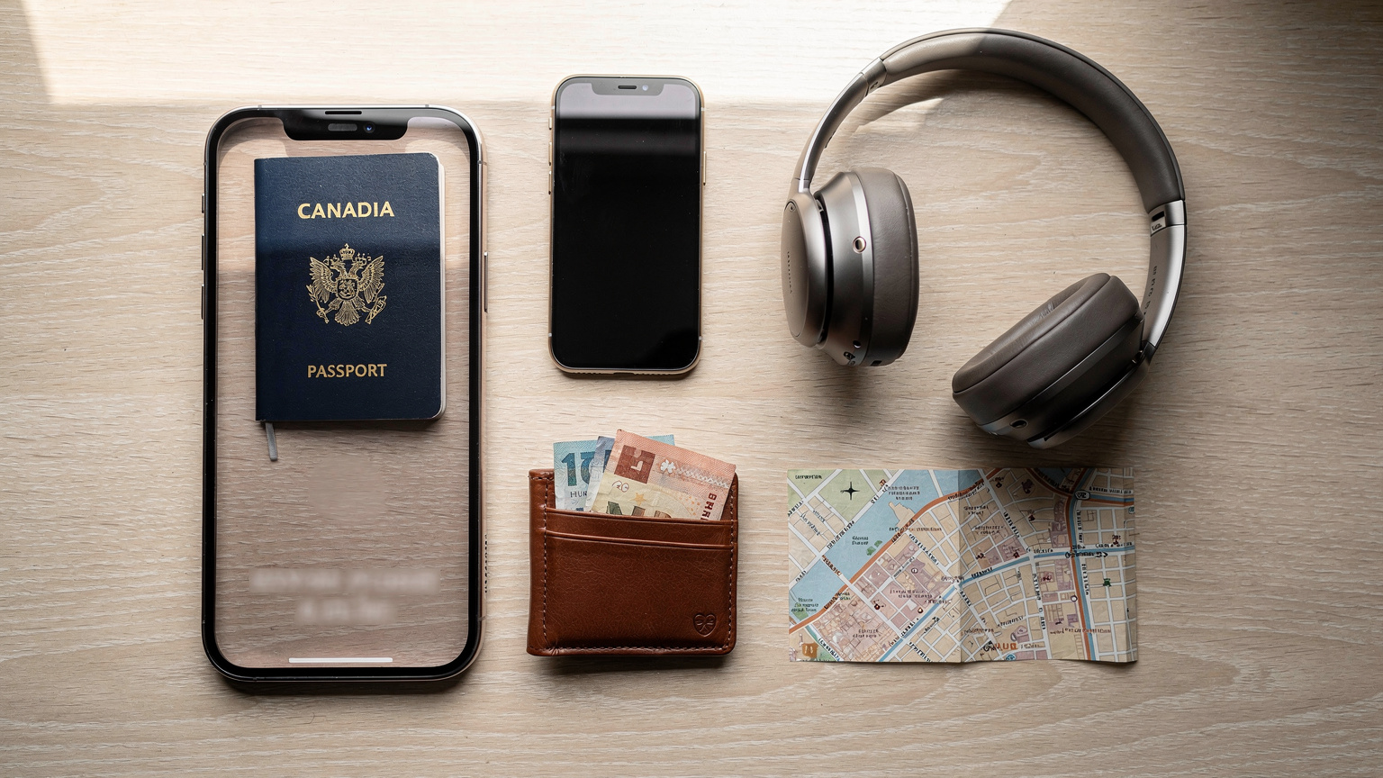 An overhead flat-lay of travel essentials: an iPhone 17 Pro Max, a passport, noise-cancelling headphones, a small wallet with local currency, and a snippet of a physical map, all neatly arranged on a light wooden table.