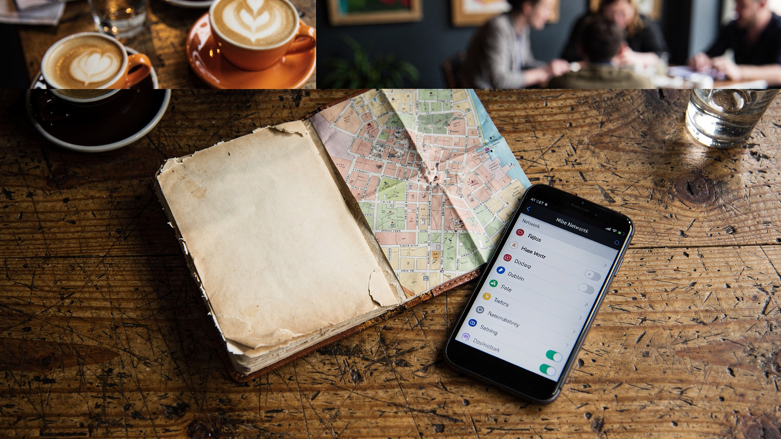 A close-up shot of a well-worn travel journal, a Dublin city map, and a smartphone displaying network settings, all laid out on a rustic wooden table in a bustling Dublin cafe, highlighting the meticulous planning of a budget traveler.
