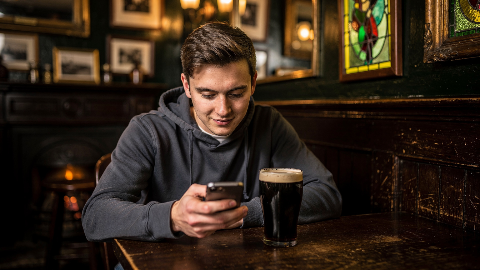 A traveler sitting in a traditional Irish pub in Dublin's Temple Bar district, enjoying a pint while discreetly checking their phone for Wi-Fi availability, showcasing the common practice of seeking free connectivity.