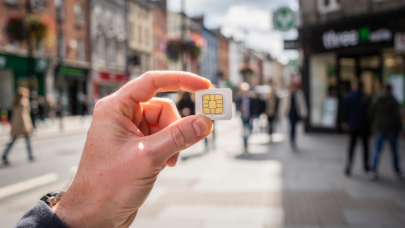 A close-up of a traveler's hand holding a new physical SIM card against the backdrop of a bustling street in Dublin city center, near a Three Mobile store, illustrating the alternative option for connectivity.
