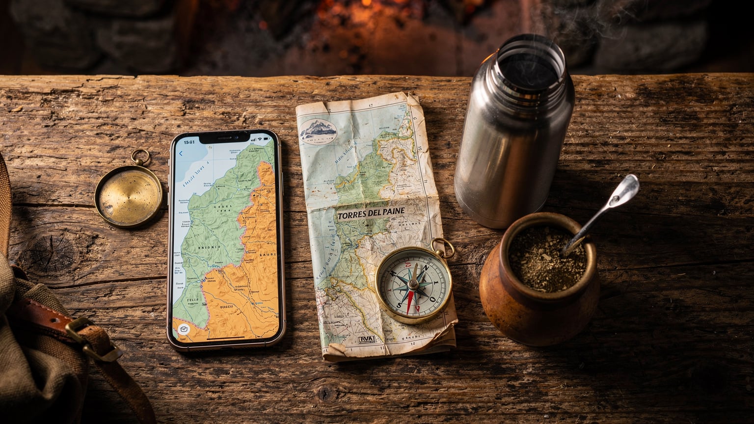 An editorial overhead flat-lay shot on a rustic wooden table in a Patagonian refugio, showing a smartphone with a downloaded offline map, a physical map of Torres del Paine, a compass, and a thermos of hot mate tea, suggesting preparedness for a trek.