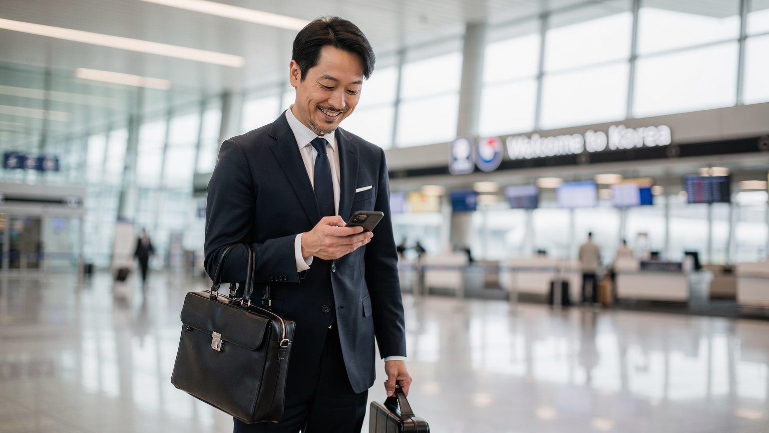 인천국제공항 도착 로비에서 한 비즈니스맨이 스마트폰으로 eSIM 설정을 확인하며 미소 짓는 모습.