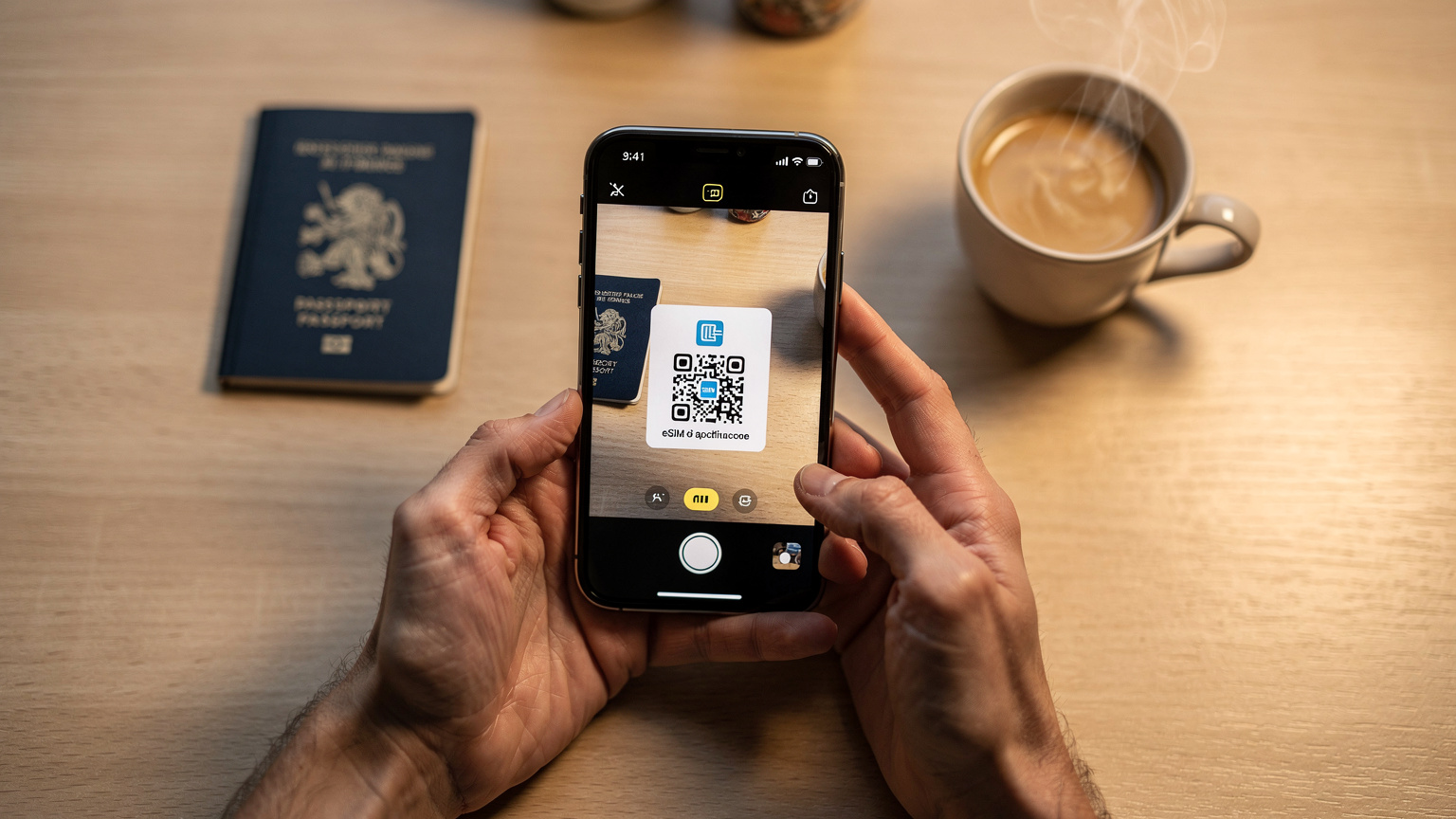 Gros plan sur des mains utilisant un smartphone pour scanner un code QR d'activation eSIM, sur une table en bois clair avec un passeport et une tasse de café, ambiance cozy.