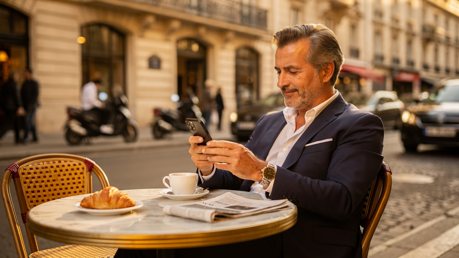 Un homme d'affaires élégant, assis à une table en terrasse d'un café parisien typique dans le quartier de l'Opéra, consulte son téléphone avec une expression sereine.