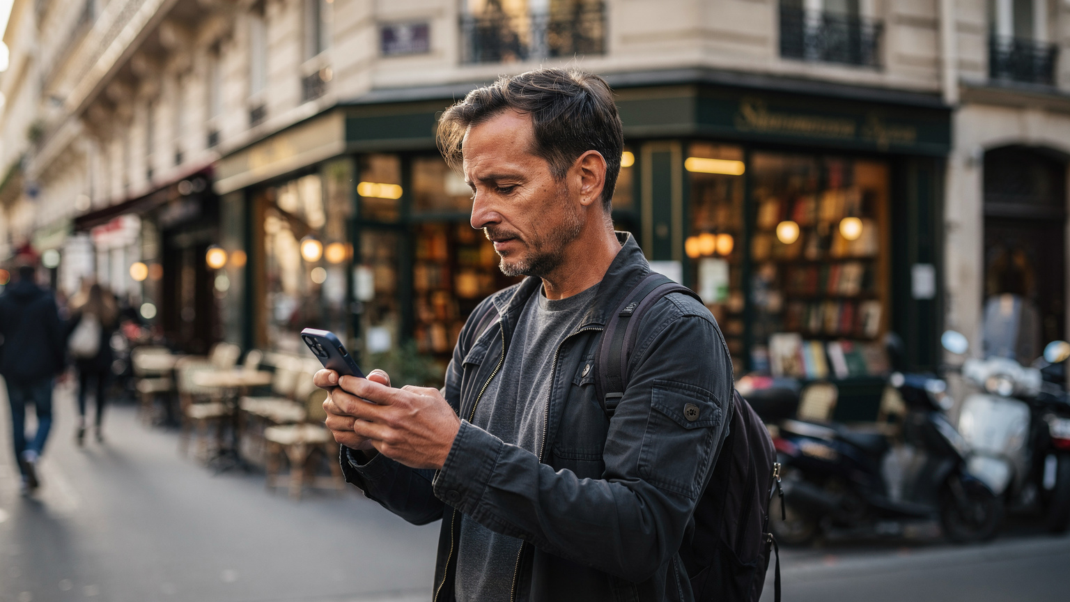 Un voyageur consulte son téléphone pour trouver son chemin dans le quartier animé de Saint-Germain-des-Prés, devant une librairie parisienne typique.