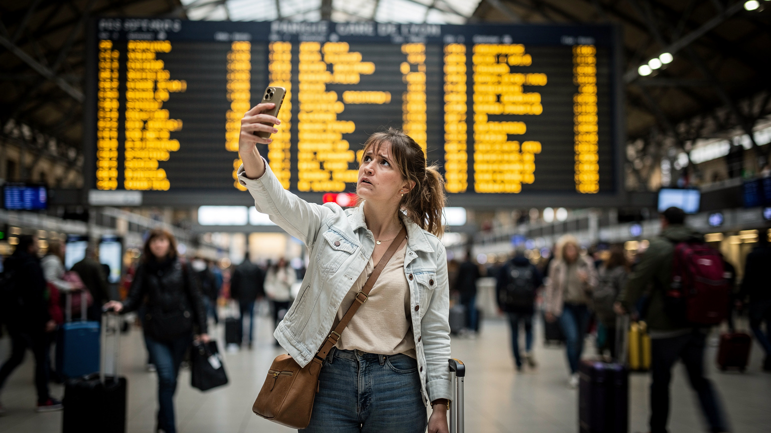 Une femme, visiblement stressée, essaie de trouver un signal sur son téléphone devant un panneau d'affichage des départs à la gare de Lyon, à Paris.