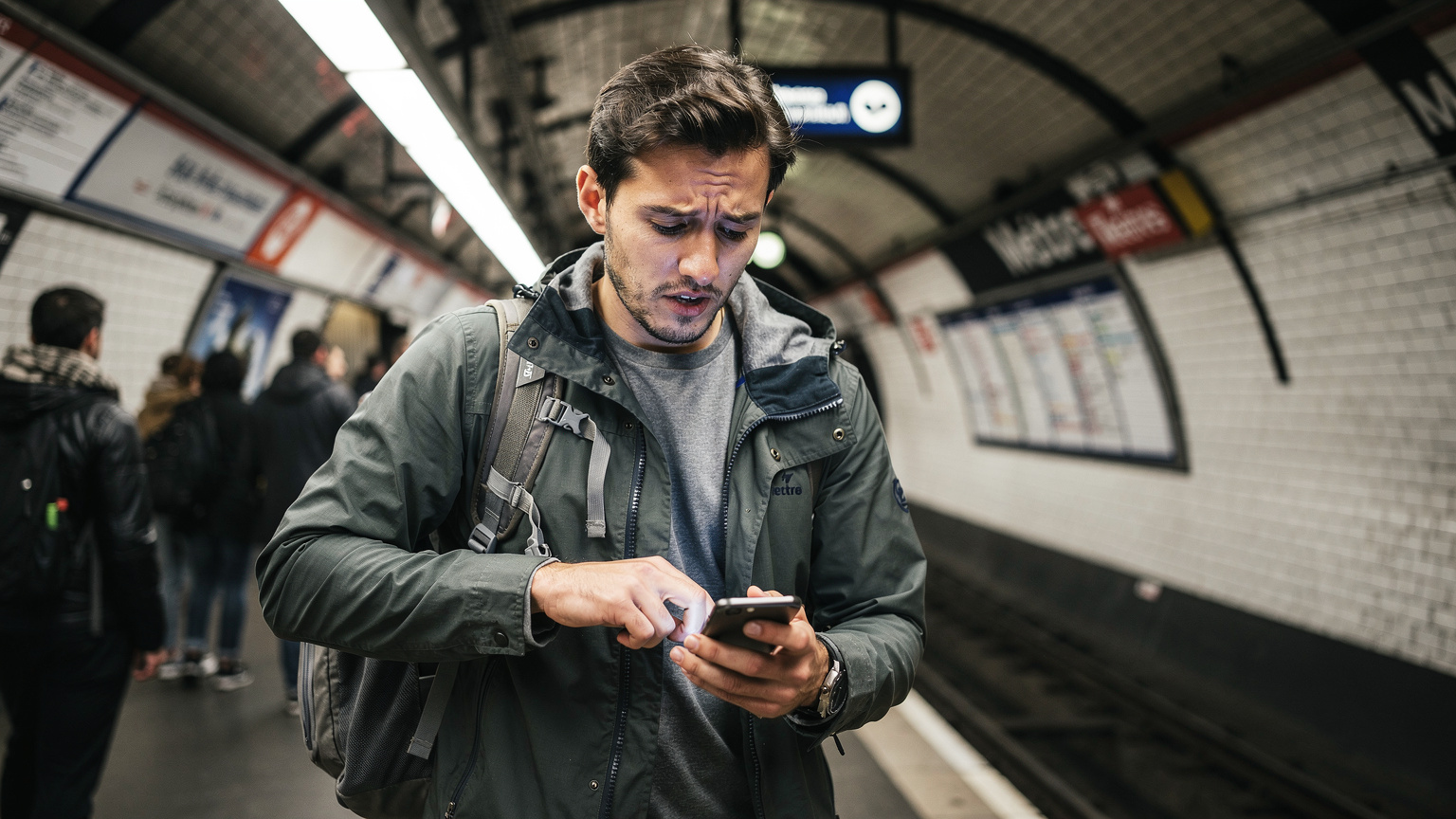 パリ市内のメトロ駅で、スマートフォンのバッテリー残量を確認し、少し困った表情を浮かべる旅行者の男性。モバイルバッテリーを忘れたことに気づいた瞬間。