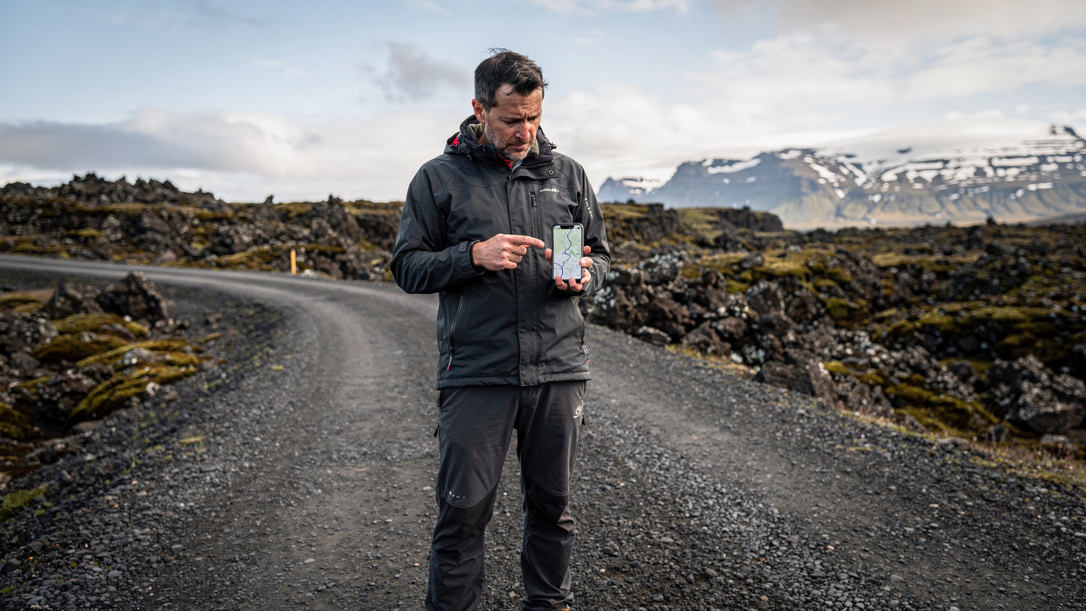 En mann holder en smarttelefon med en kartapp åpen, pekende på en rute på kartet mens han står på en grusvei med islandske landskap i bakgrunnen.