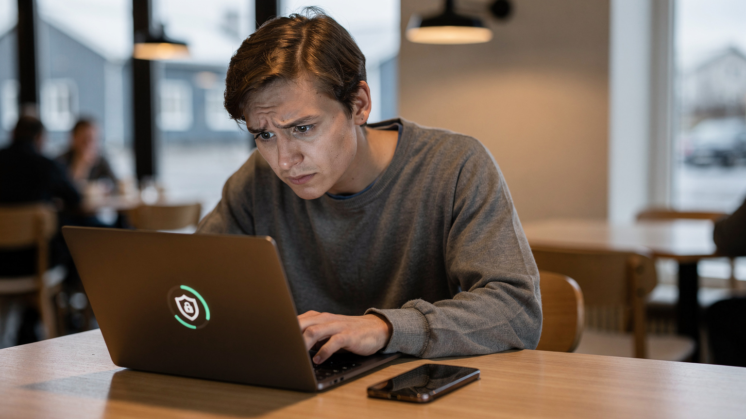 En person sitter på en moderne kafé i Reykjavik, ser bekymret på en laptop-skjerm som viser et VPN-ikon, med en telefon liggende ved siden av.
