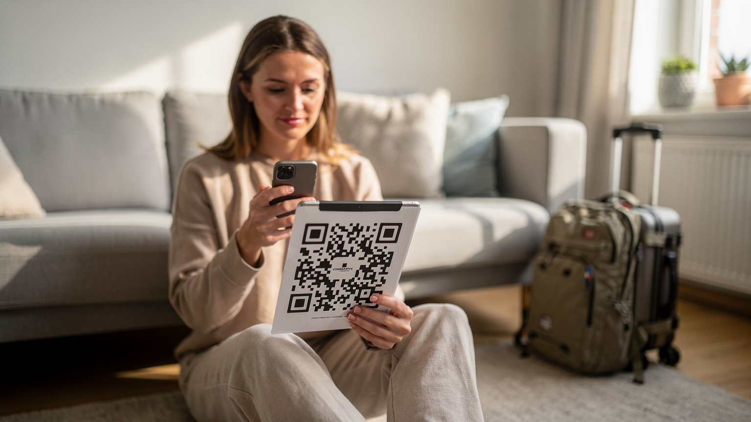 En kvinne i en koselig stue skanner en QR-kode på telefonen sin for å aktivere et eSIM, med en pakket ryggsekk i bakgrunnen som indikerer reiseforberedelser.