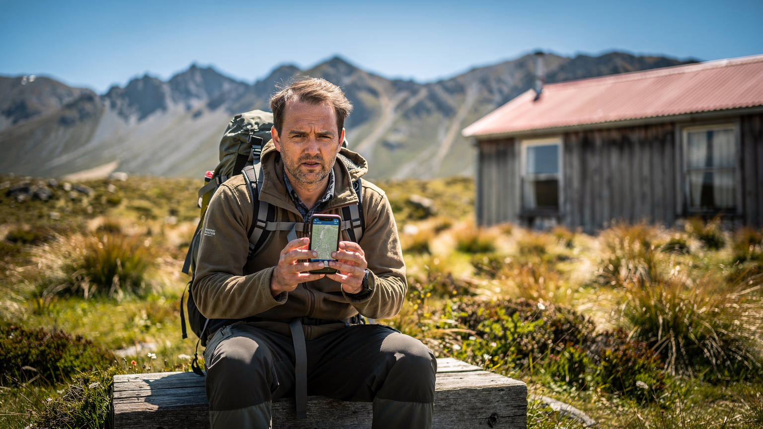 A backpacker checking a map on their phone outside a rustic wooden Department of Conservation hut in a vast New Zealand alpine landscape.
