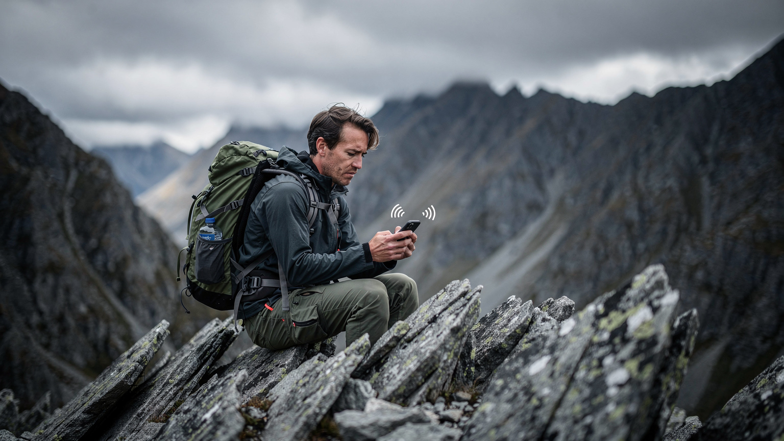 A concerned backpacker looking at a smartphone with 'No Service' in a remote New Zealand mountain setting.