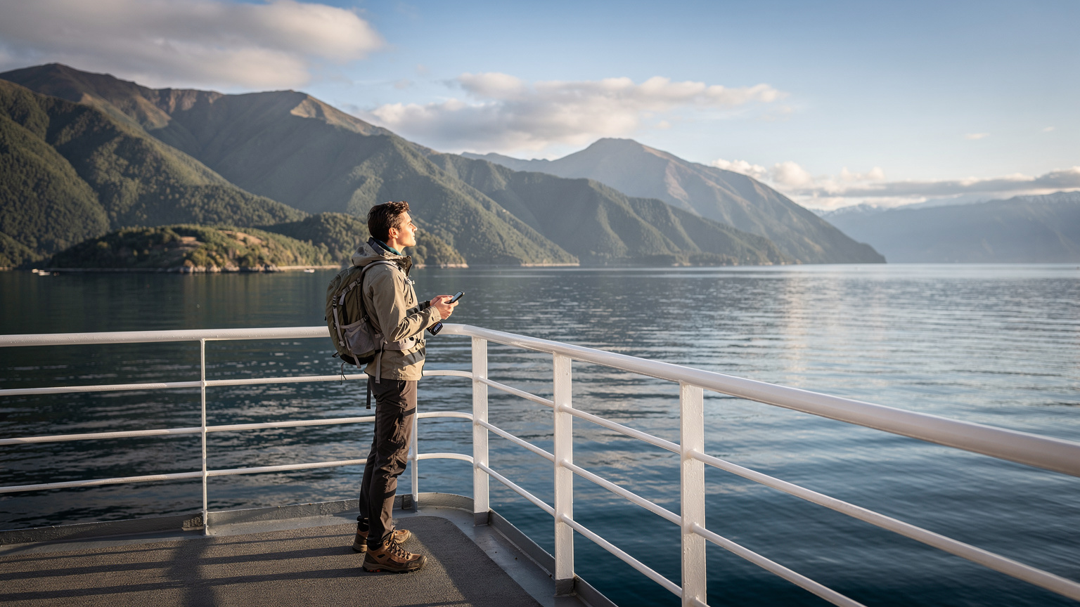 A traveler on the Interislander ferry, looking out at the Marlborough Sounds while checking their phone for signal.