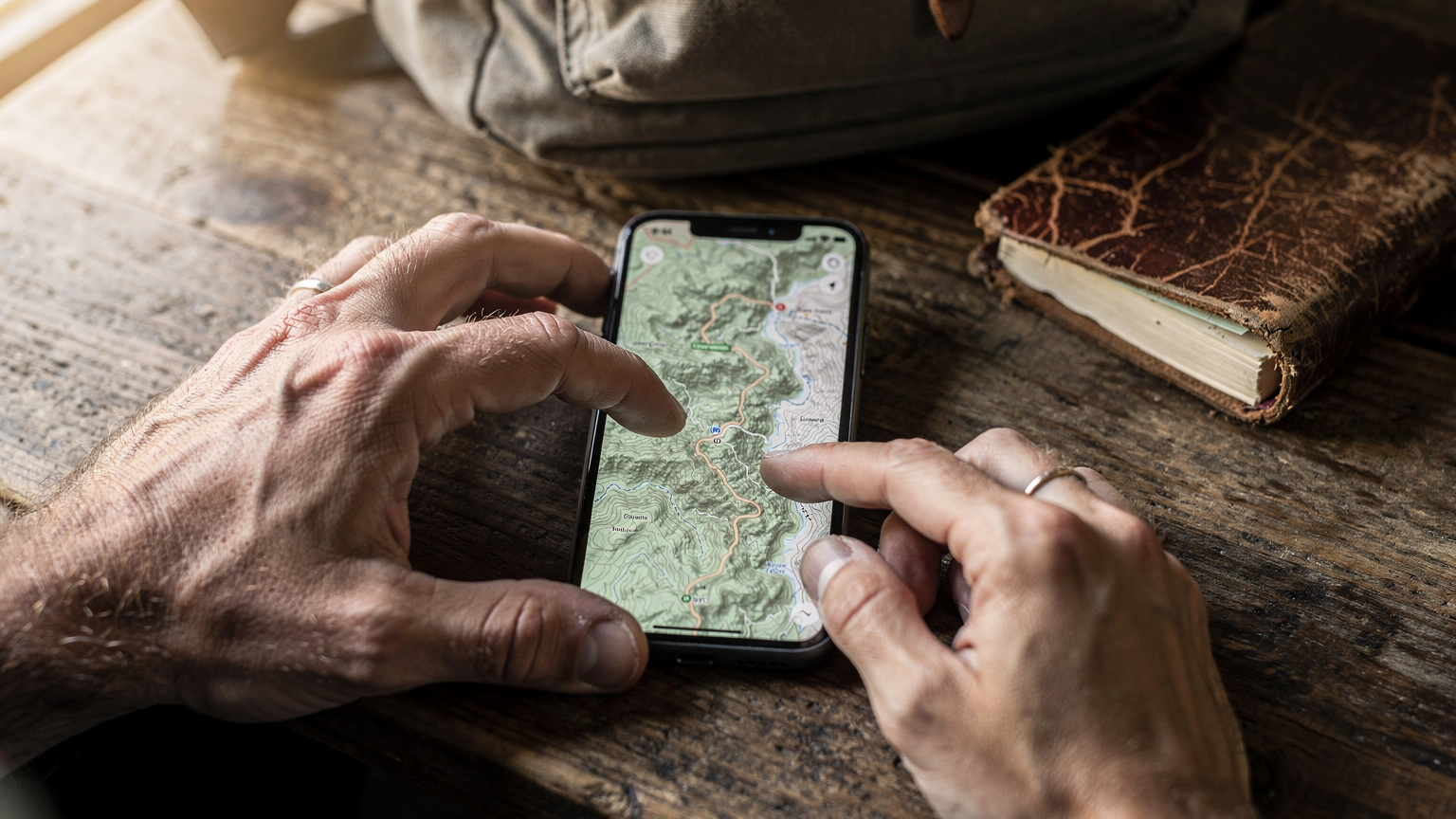 Close-up of hands interacting with a smartphone displaying a hiking map, with a blurred cafe background.