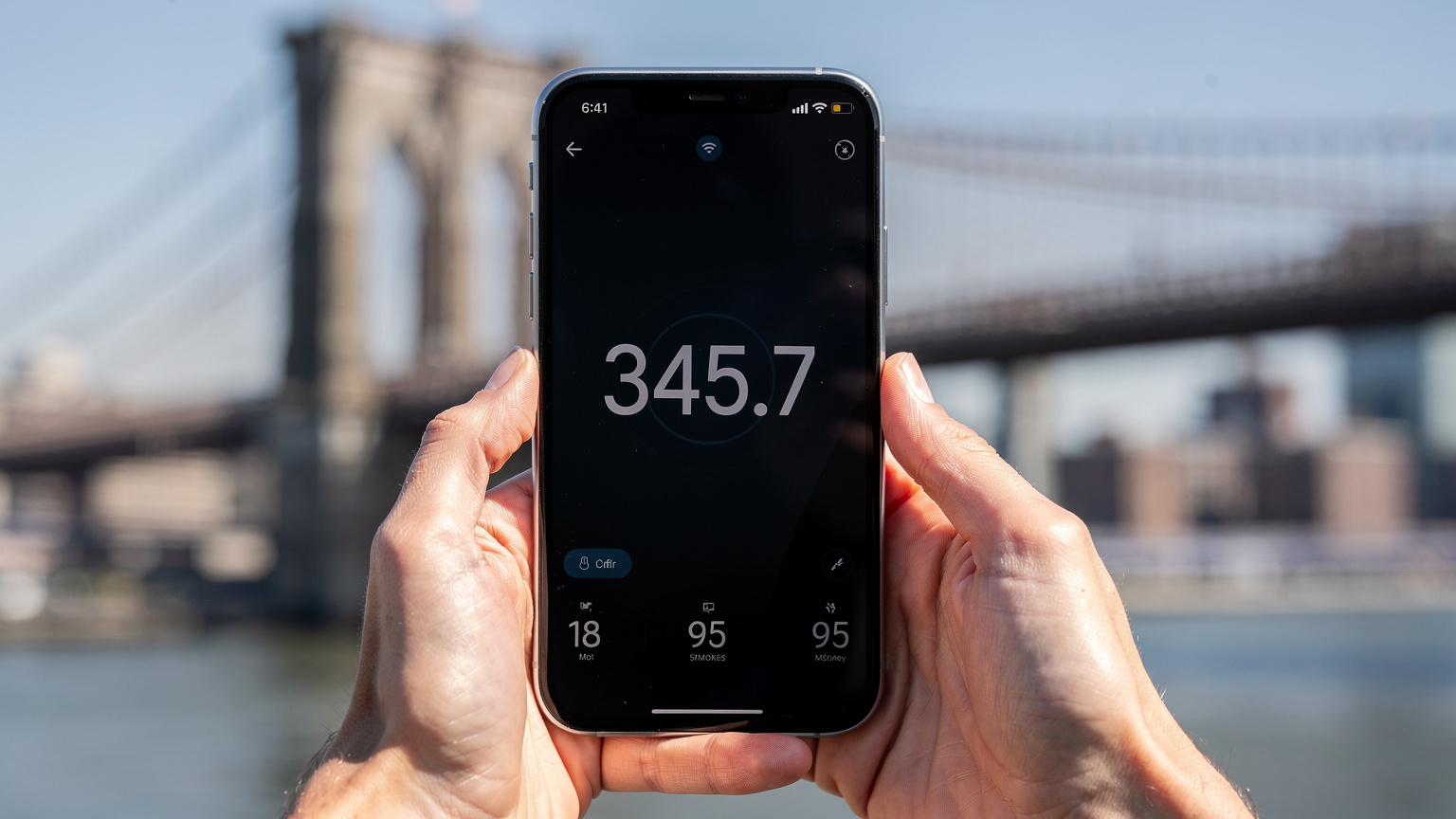 Un primo piano di mani che tengono uno smartphone, con un'app di speed test sullo schermo che mostra risultati di velocità impressionanti, sullo sfondo sfocato di un ponte iconico di New York City.