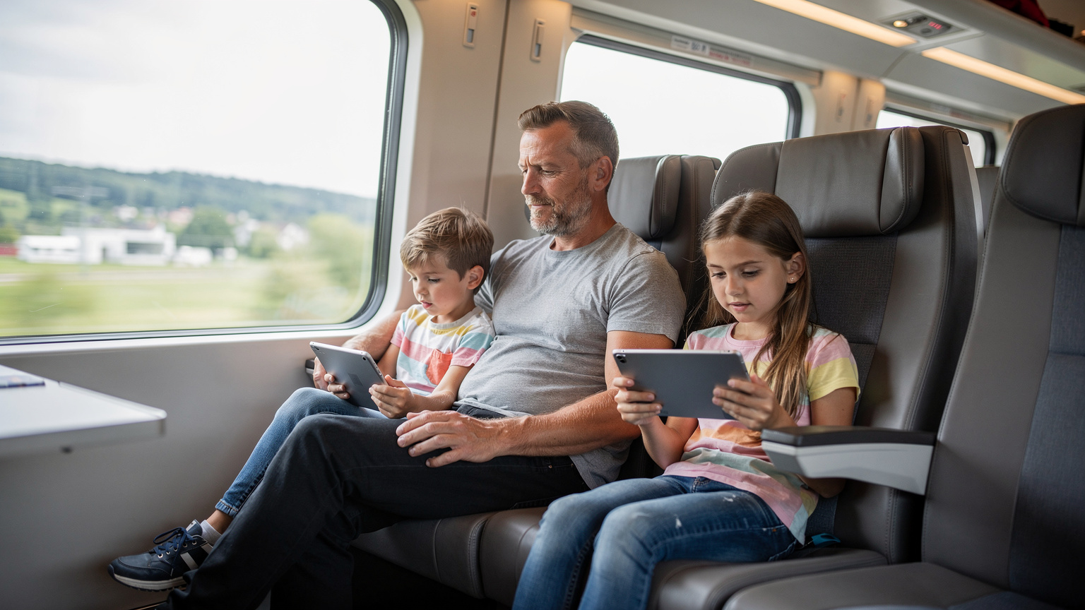 Un padre e due bambini seduti comodamente su un treno ad alta velocità in Europa, tutti concentrati sui loro dispositivi tablet o smartphone, con un paesaggio sfocato che scorre fuori dal finestrino.