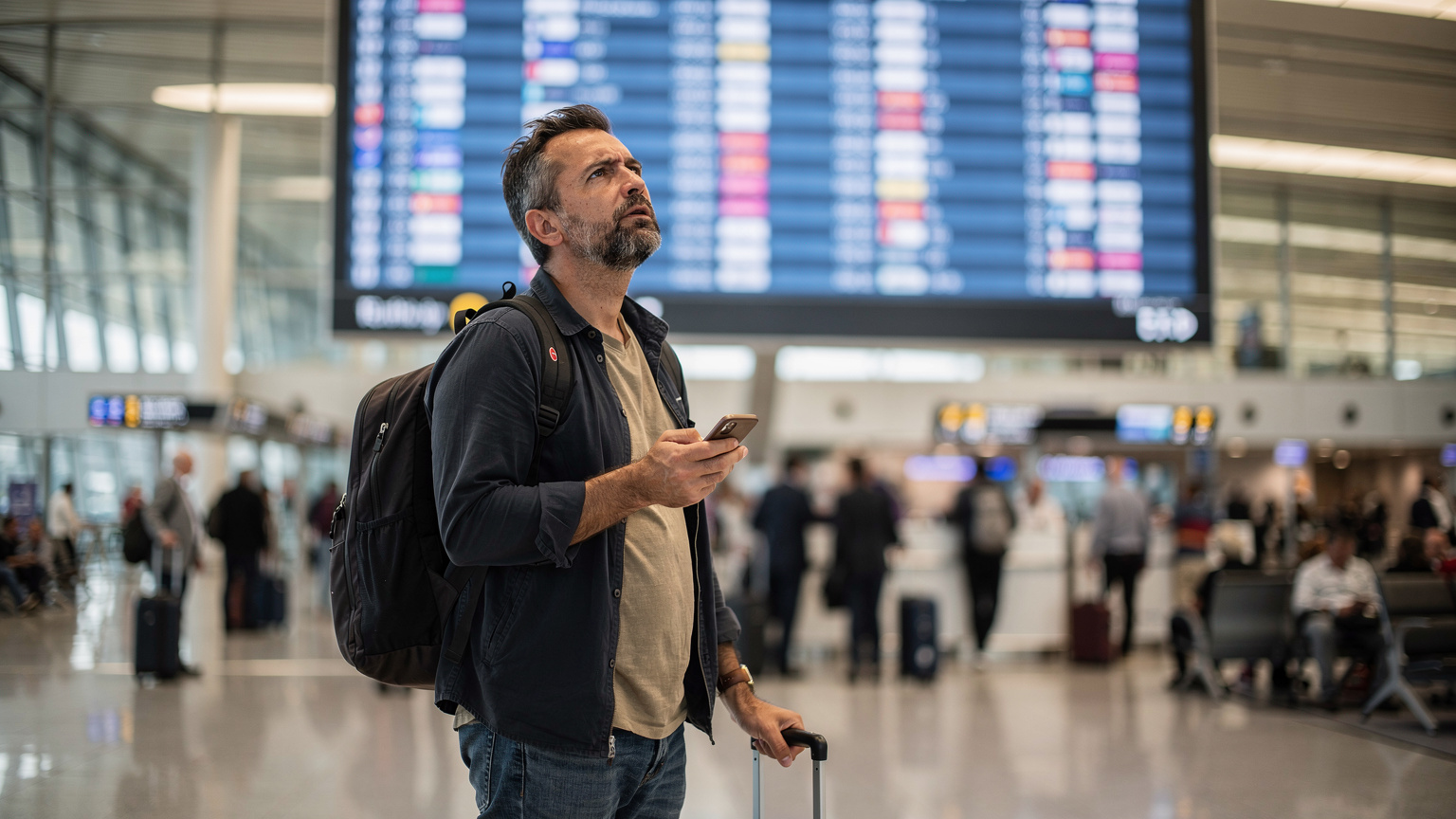 Zmatený cestovatel s telefonem v ruce před odletovou tabulí na letišti v Istanbulu, hledající spojení.