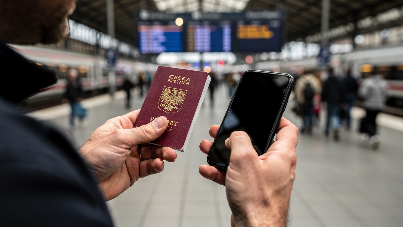 Detailní záběr na ruce cestovatele držící pas a smartphone, s rozmazaným pozadím rušné vlakové stanice v Mnichově.