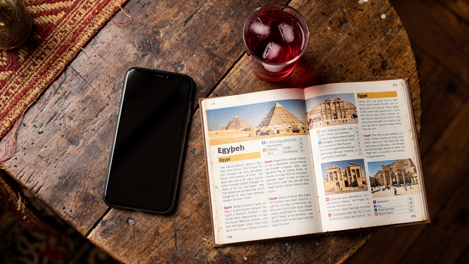 Сучасний смартфон лежить на столі поруч із туристичним путівником по Єгипту та склянкою традиційного єгипетського чаю каркаде.