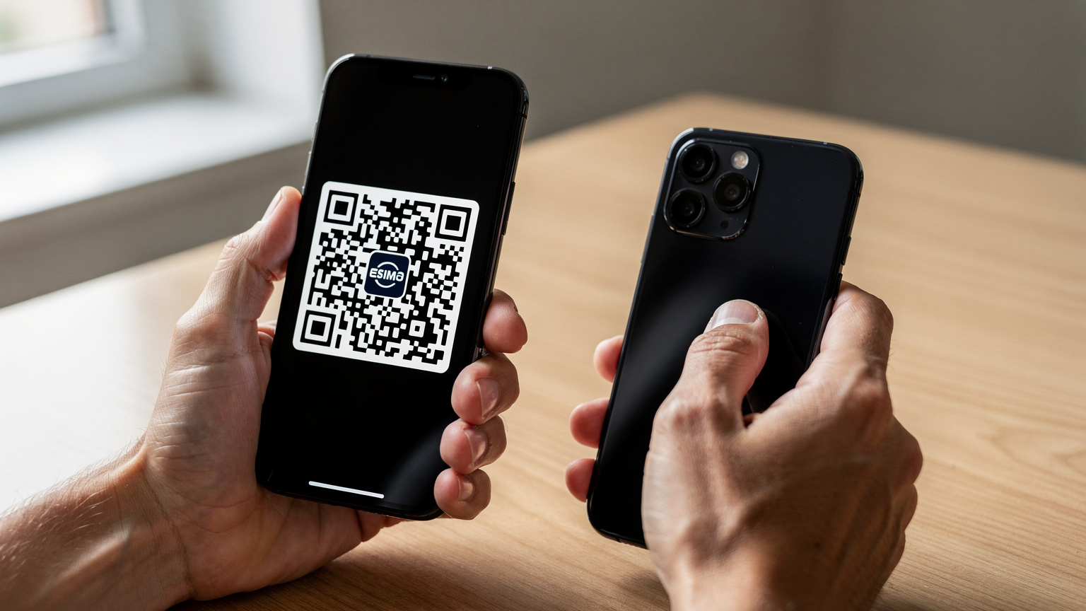 Крупний план рук, що тримають смартфон і сканують QR-код eSIM з другого телефону, демонструючи процес активації.