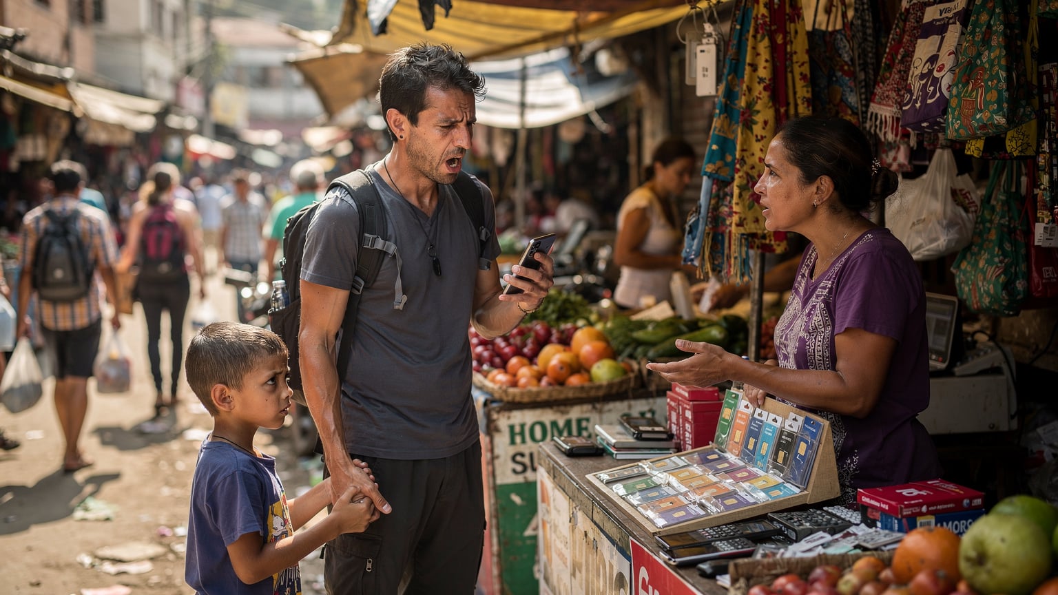 A parent in a bustling market, juggling a child and attempting to communicate with a vendor about a physical SIM card, highlighting the challenges of local SIM acquisition with a family.