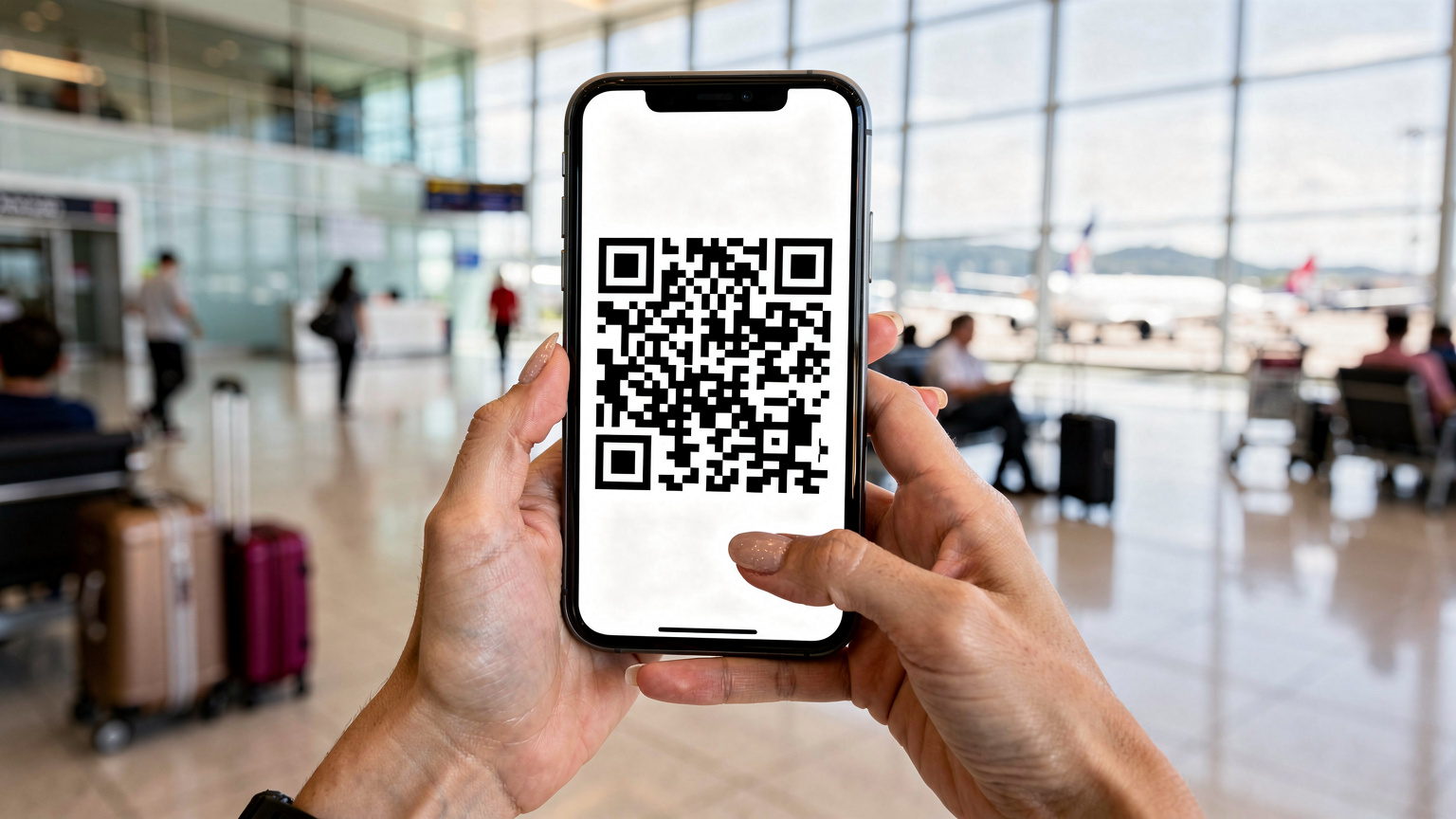 Seorang wanita sedang memegang ponselnya dengan tampilan QR code eSIM di layar, dengan latar belakang pemandangan bandara internasional yang ramai, menunjukkan kemudahan aktivasi sebelum tiba di tujuan.