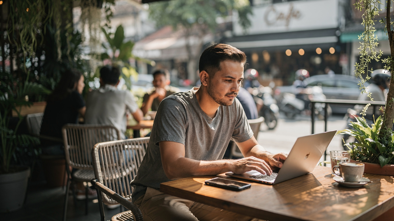 Seorang digital nomad sedang beraktivitas di sebuah kafe pinggir jalan di daerah Kemang, Jakarta Selatan, dengan laptop dan ponsel di meja, menunjukkan aktivitas kerja yang mobile.