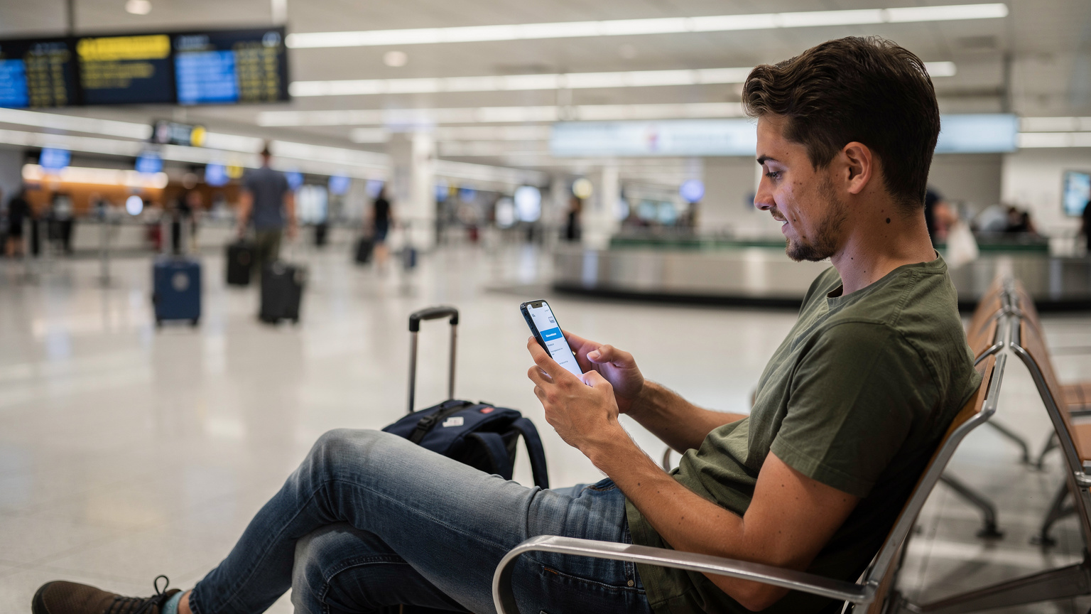 호주 시드니 공항 도착 로비에서 한 워홀러가 스마트폰으로 Cellesim 앱을 사용하여 eSIM을 활성화하는 모습.