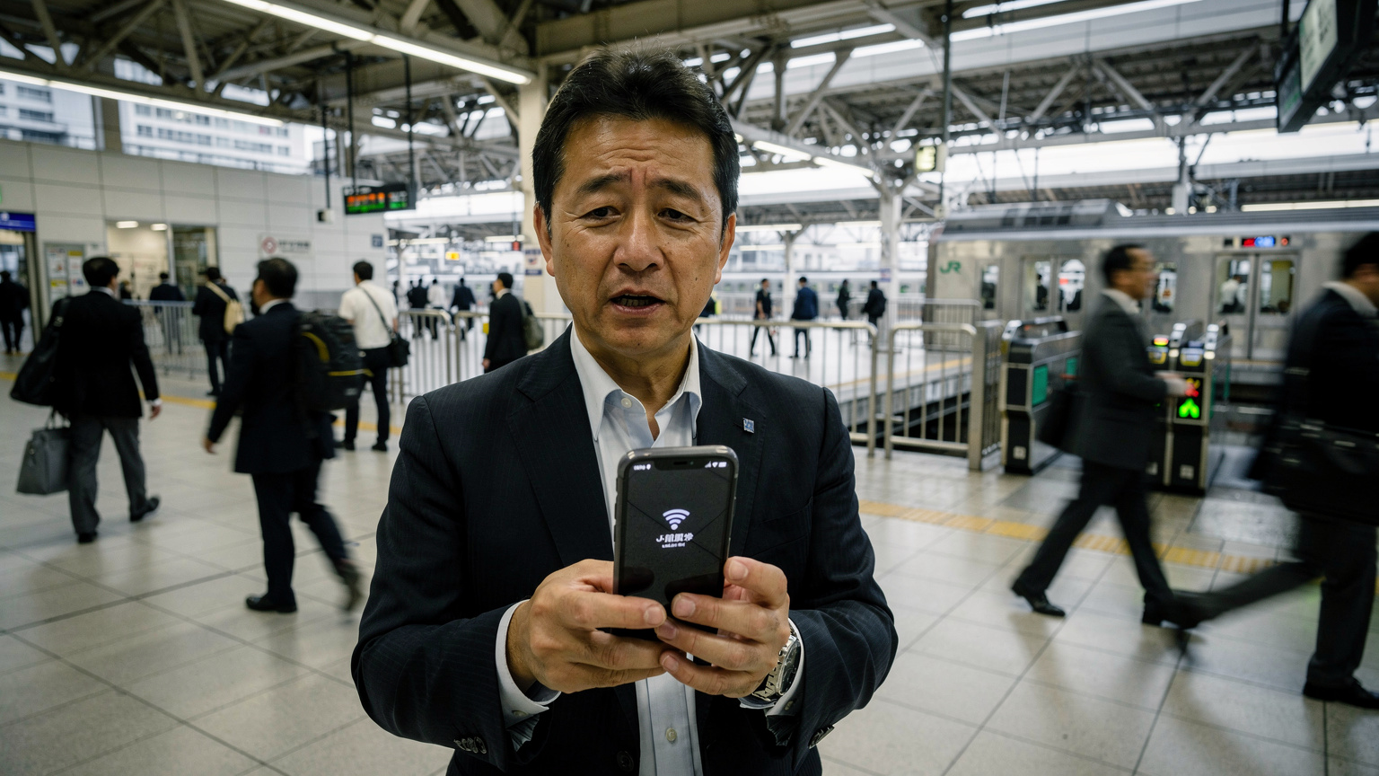 Seorang pria paruh baya memegang ponselnya dengan tangan gemetar, layar menunjukkan ikon sinyal yang sangat rendah, dengan latar belakang keramaian penumpang di Stasiun Tokyo yang modern dan sibuk.