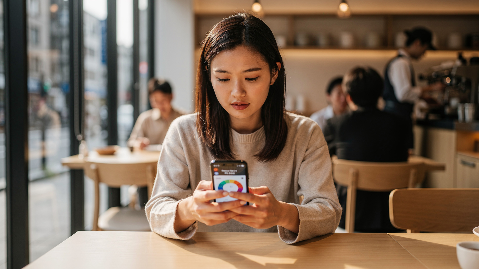 Seorang wanita muda Asia sedang fokus pada layar ponselnya yang menunjukkan hasil tes kecepatan internet, sambil duduk di meja kayu di sebuah kafe modern di daerah Ginza, Tokyo.