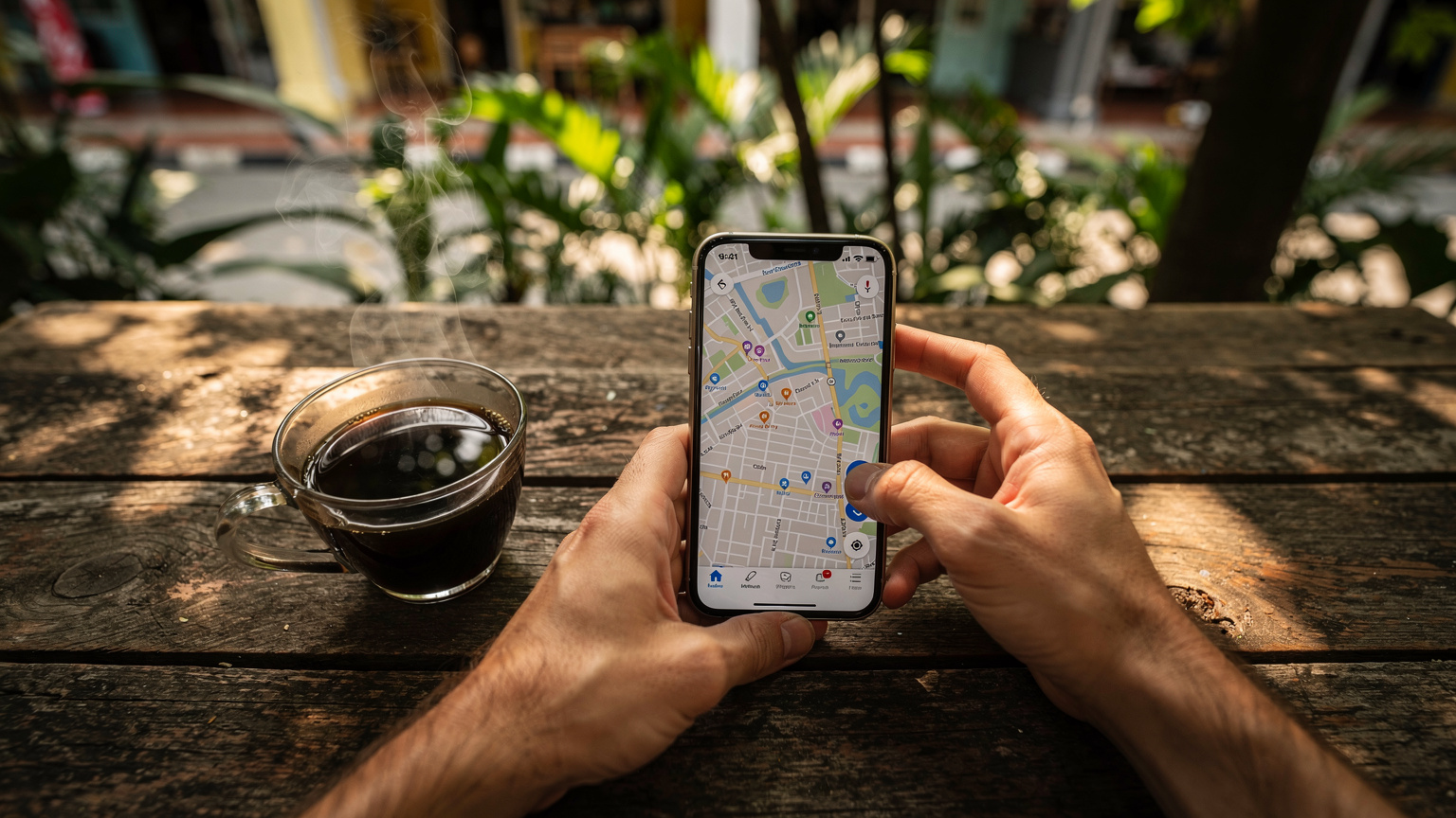 Tangan seorang traveler memegang smartphone dengan aplikasi peta terbuka, di samping secangkir kopi panas di meja kayu outdoor sebuah kafe yang nyaman di Geylang, Singapura, dengan latar belakang dedaunan hijau.