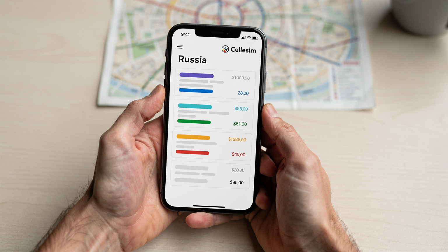 Крупный план рук, держащих смартфон, на экране которого отображается веб-страница Cellesim с различными тарифами eSIM для России.