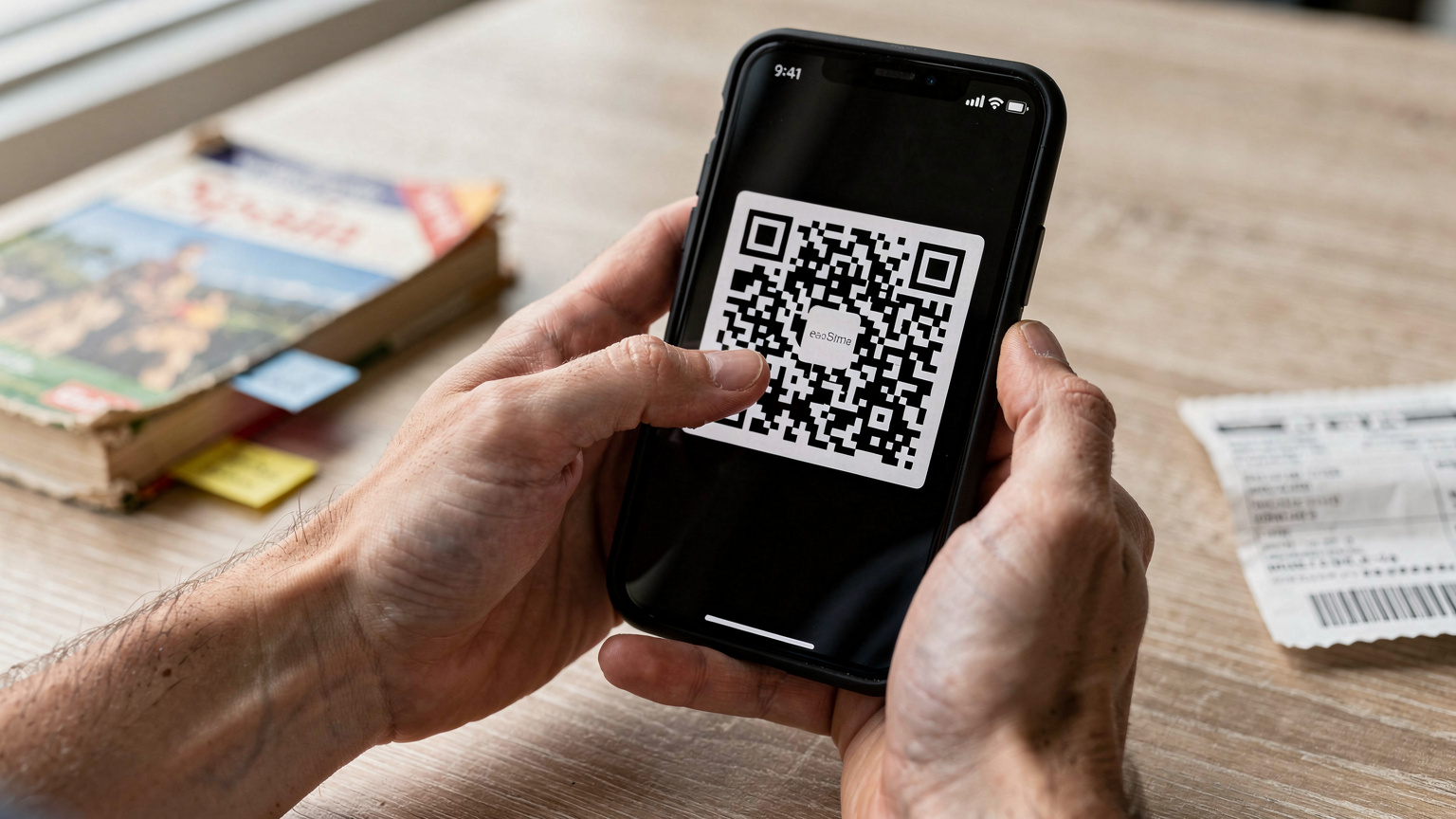 Nahaufnahme von zwei Händen, die ein Smartphone halten. Eine Hand tippt auf den Bildschirm, der einen QR-Code anzeigt, während die andere Hand das Telefon stabilisiert. Im Hintergrund unscharf zu erkennen: ein Reiseführer und ein Flugticket.