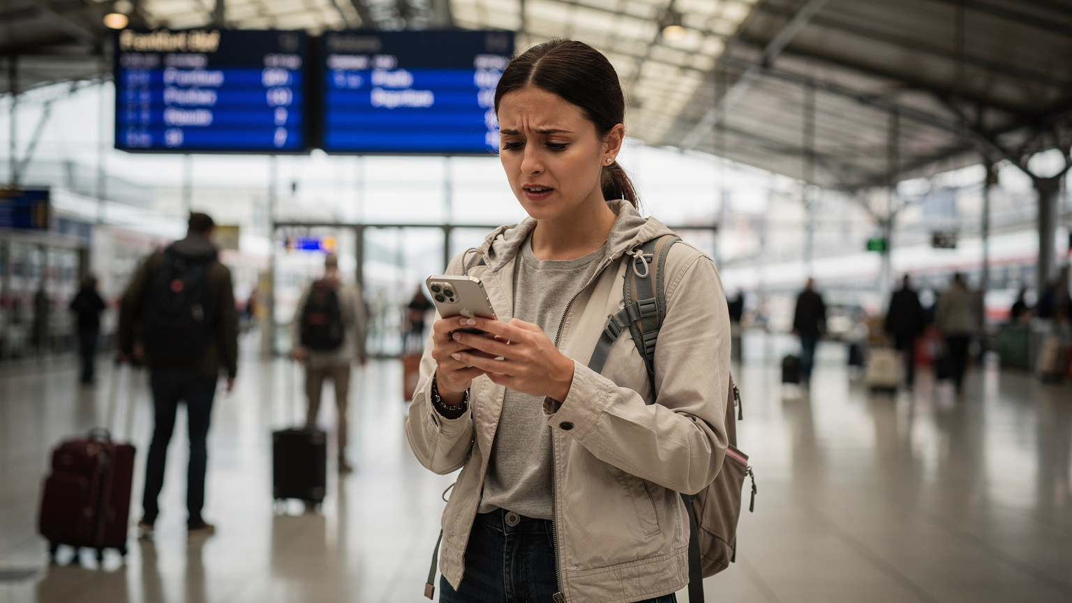 A traveler at a busy train station in Frankfurt, looking at their iPhone 17 with a concerned expression, indicating a potential connectivity issue.