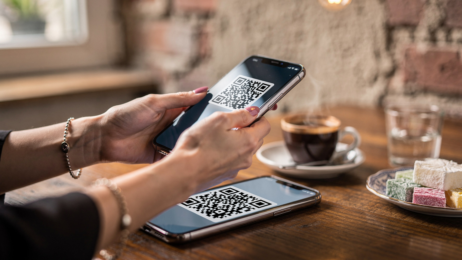 Крупный план женских рук, сканирующих QR-код для активации eSIM на смартфоне, лежащем на столешнице кафе с турецким кофе на фоне.