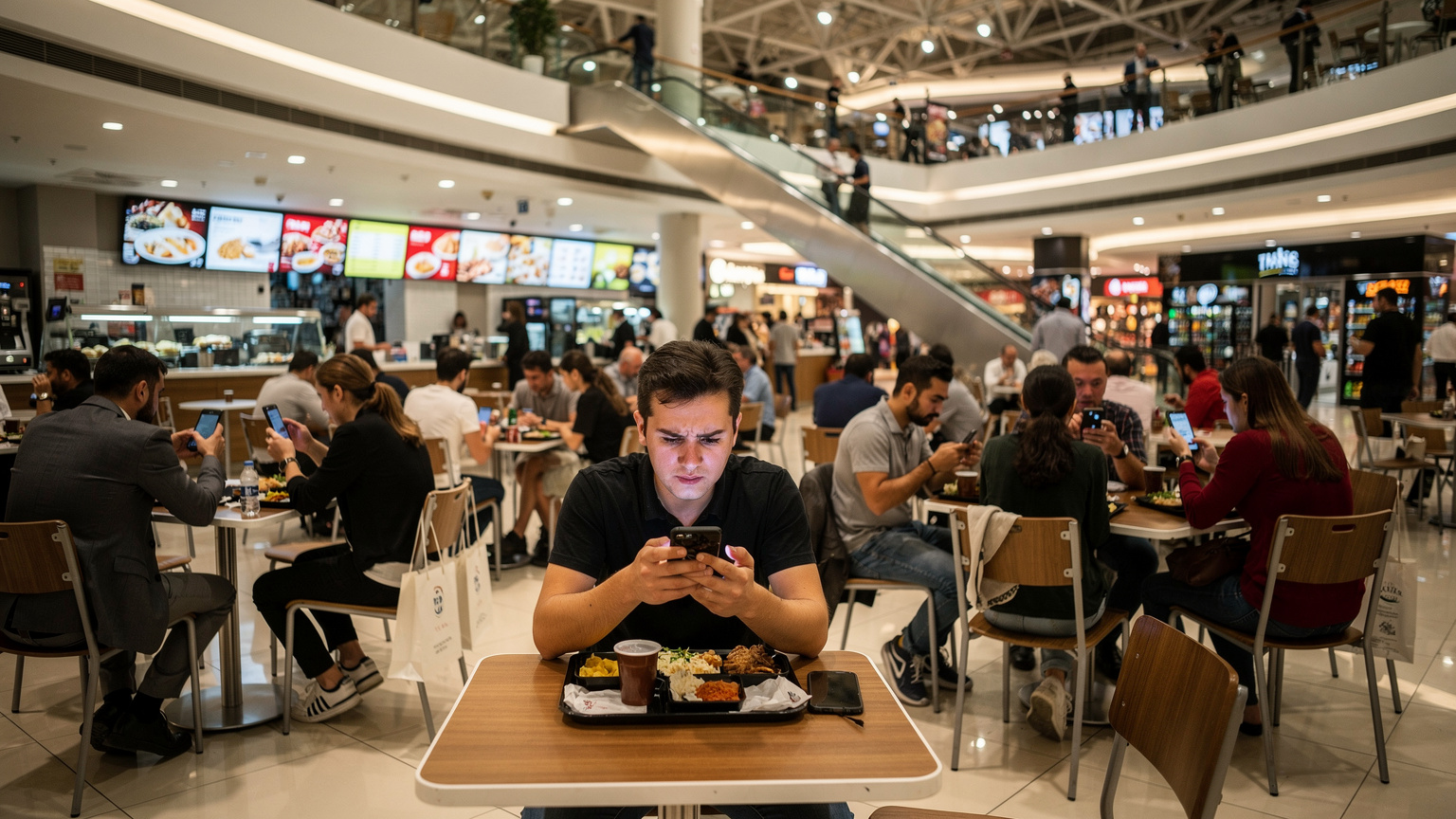 Переполненный фуд-корт в торговом центре Cevahir Mall в Стамбуле, люди сидят за столиками, используя телефоны, некоторые выглядят озадаченными или расстроенными из-за проблем со связью.
