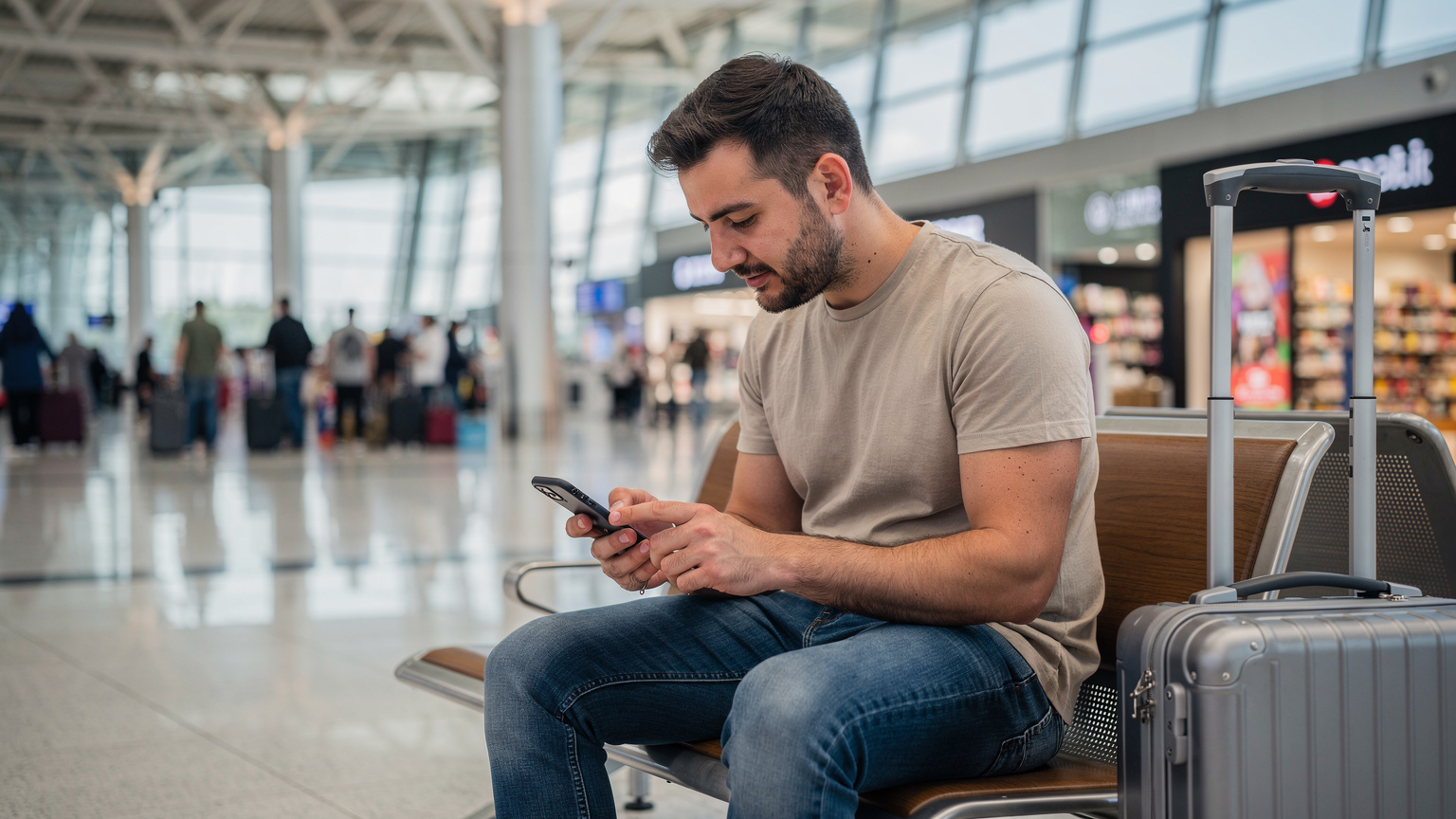 Пътешественик използва смартфона си за активиране на eSIM, докато чака на летище Истанбул, с багаж до него.