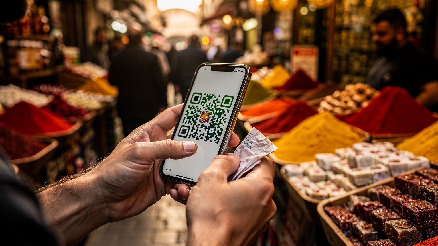Човек държи телефон, сканиращ QR код за активация на eSIM, на фона на оживен пазар за подправки в Истанбул.