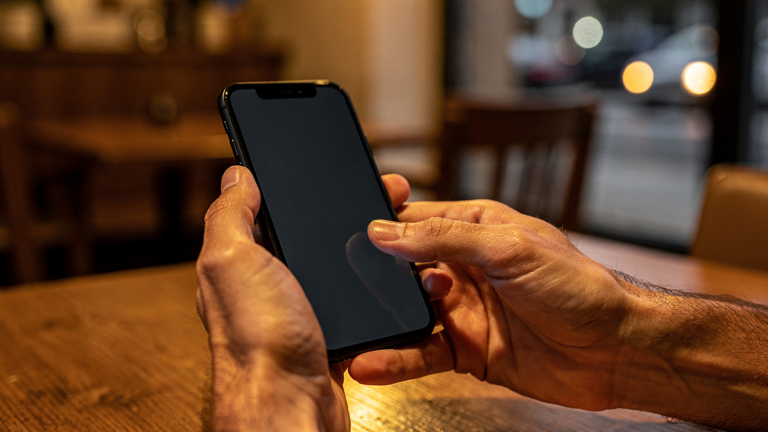 Close-up van twee handen die een smartphone vasthouden, waarbij de duim zachtjes over het scherm veegt om door menu's te navigeren, met een warme, gouden lichtval.