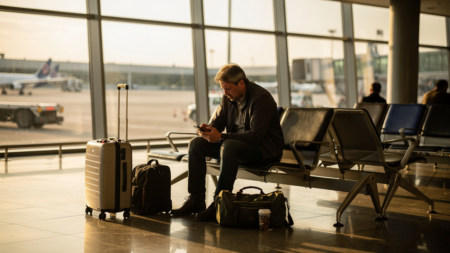 Een gefrustreerde reiziger zit op een bankje op het vliegveld van Skopje, Noord-Macedonië, met een smartphone in de hand en een bezorgde blik op het gezicht, omringd door bagage. De avondzon werpt lange schaduwen in de vertrekhal.